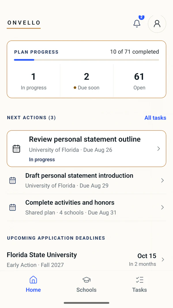 Onvello Home screen showing plan progress, next actions, and upcoming application deadlines