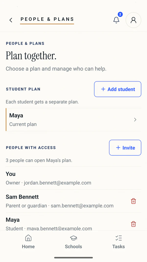 Onvello People and Plans screen showing a student plan and the people who can help with it