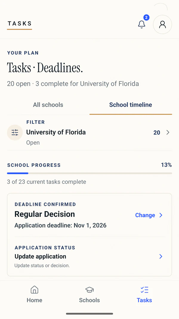 Onvello Tasks screen showing application deadlines and the steps for each school
