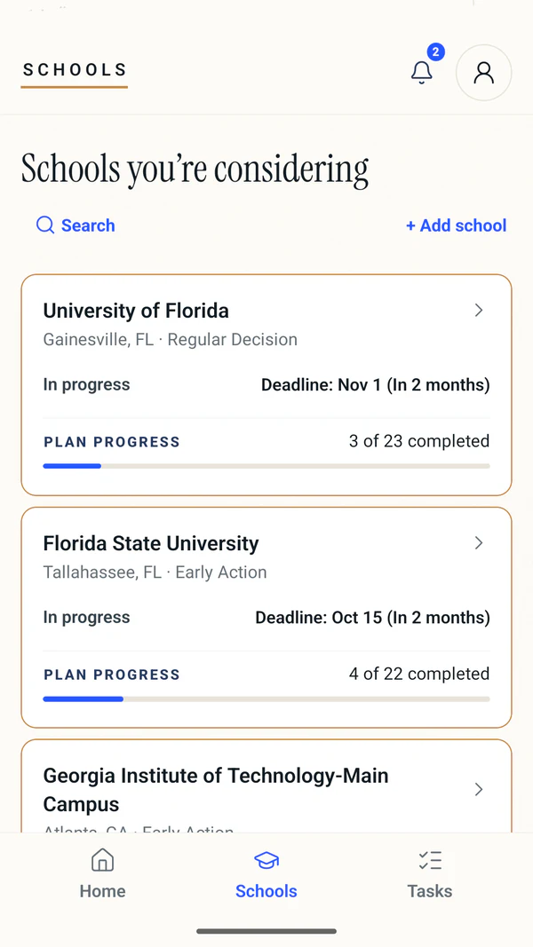 Onvello Schools screen showing school applications, deadlines, and progress